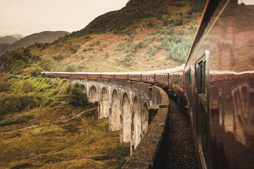 Luxury train journey through dramatic landscape